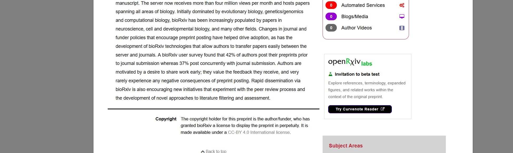 An article on bioRxiv with a box on the sidebar that says openRxiv Labs Invitation to beta test. Explore references, terminology, expanded figures and related works within the context of the original preprint. Try Curvenote Reader text is on a button, as the place to click to try the Reader.