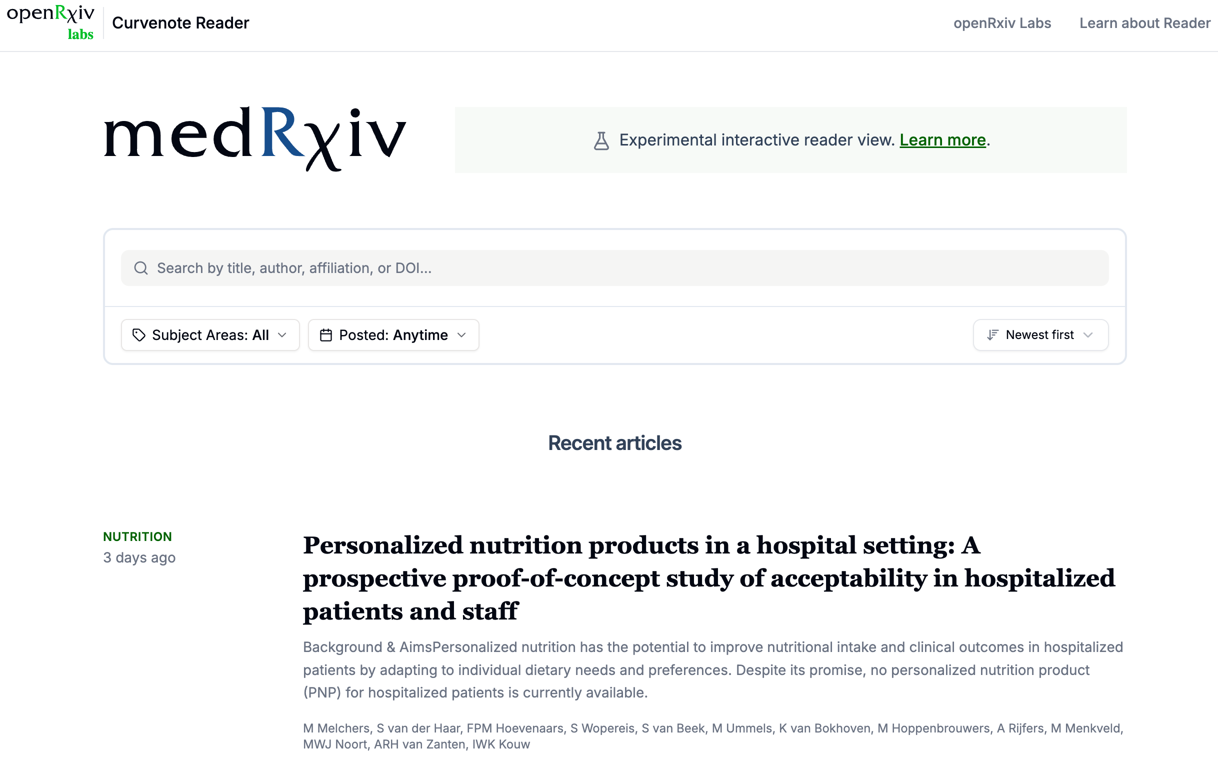 The homepage of the medRxiv view of openRxiv Labs Curvenote Reader, with a first article about "Personalized nutrition products in a hospital setting."